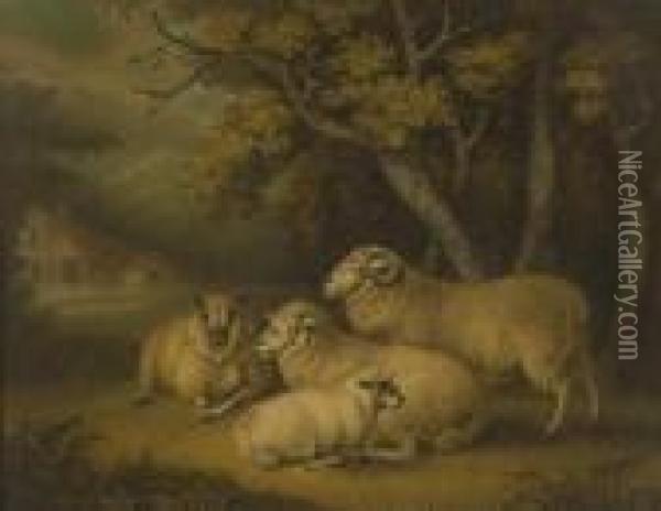A Sand Picture Depicting Sheep Sheltering Under A Tree Before A Barn Oil Painting - George Morland
