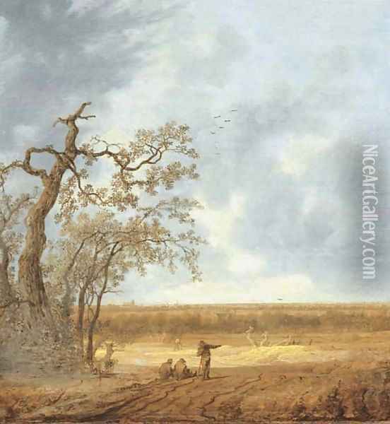 An extensive landscape with peasants conversing by a dead tree Oil Painting - Anthony Jansz van der Croos