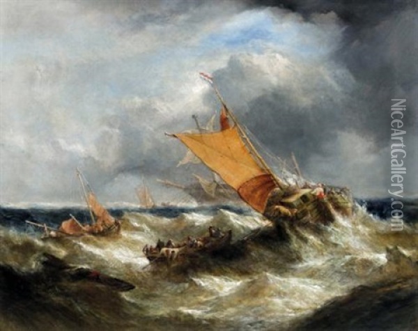 A Dutch Ship Aiding A Dismasted Vessel Oil Painting - William Callcott Knell