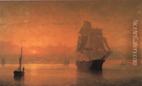 Sunset At Gloucester Harbor Oil Painting - Fitz Henry Lane