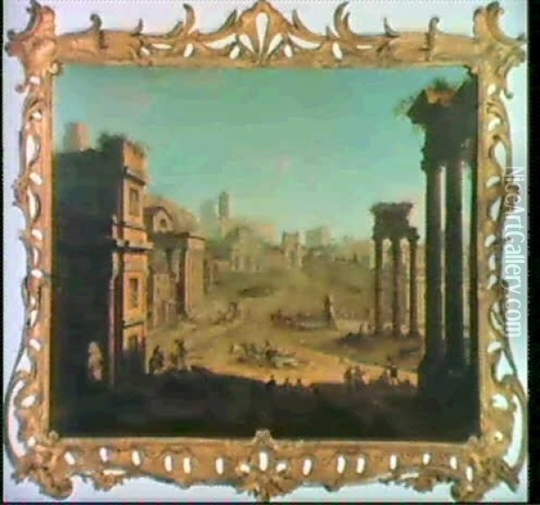 The Campo Vaccino, Rome, Looking Towards S. Francesca       Romana And The Arch Of Titus From The Temple Of Saturn Oil Painting - Antonio Joli