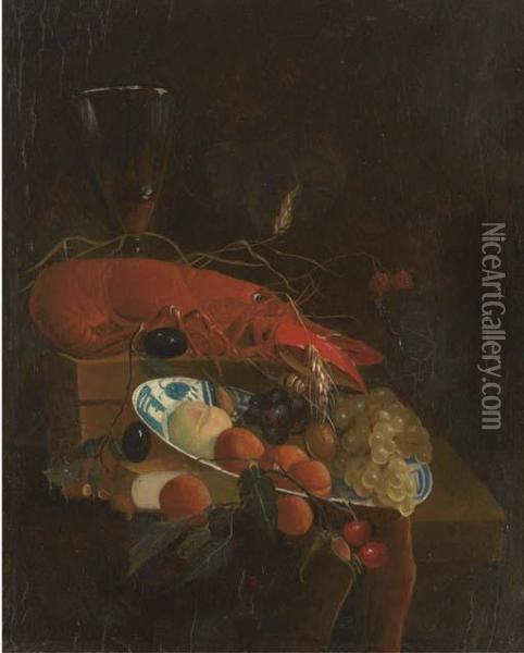 A Lobster, A Roemer Of Wine, A 
Book, Grapes, Cherries, Plums And Other Fruit In A Dish On A 
Partly-draped Ledge Oil Painting - Jan Davidsz De Heem