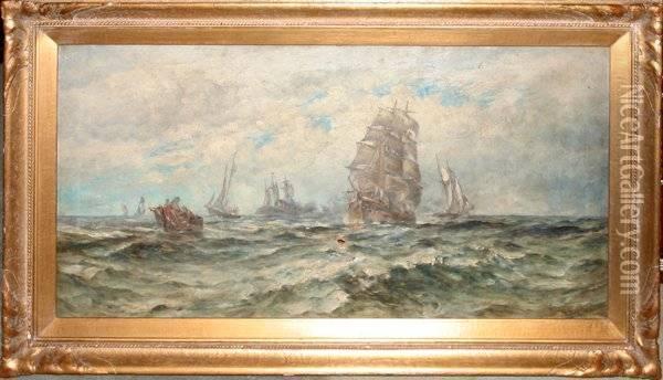 Depicting Three-masted Ships At Sea Oil Painting - Robert B. Hopkin