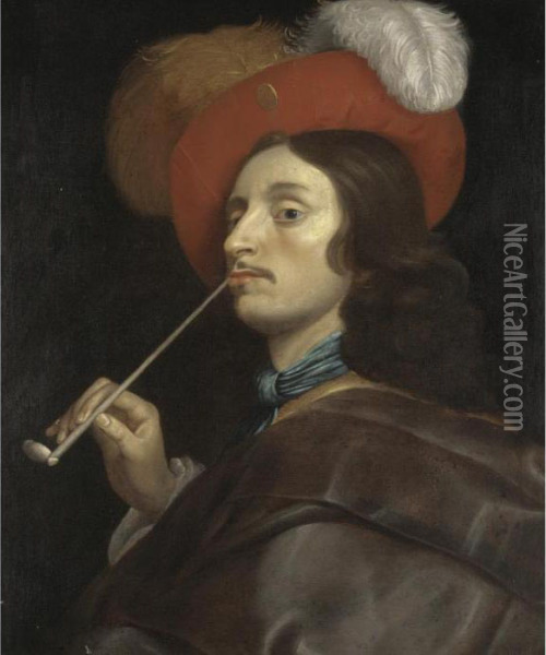 A Cavalier Smoking A Pipe Oil Painting - Salomon Rombouts