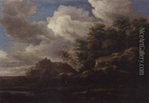 River Landscape With A Fisherman And A Traveller And His Dog Oil Painting - Jacob Van Ruisdael