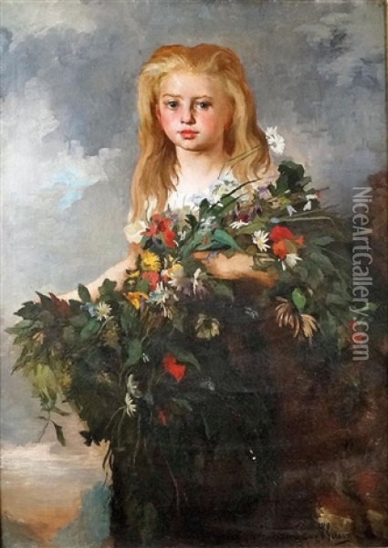 Portrait De Jeune Fille Au Bouquet De Fleurs Des Champs Oil Painting - Eugene Romain Thirion