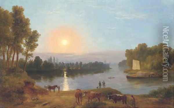 An extensive river landscape, with figures and cattle in the foreground, possibly on the River Thames looking from Petersham Meadows towards Richmond Oil Painting - Ramsay Richard Reinagle