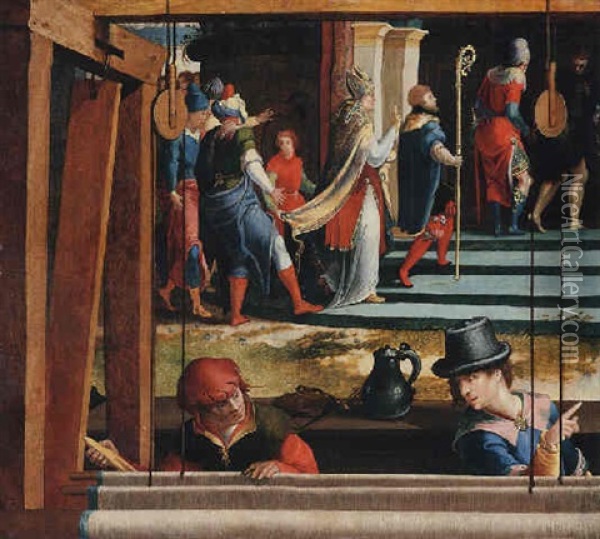 Saint Severus Entering A Church, Weavers At Work In The Foreground Oil Painting - Pieter Coecke van Aelst the Elder