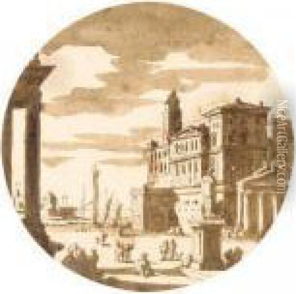 Capriccio Of A Classical Harbour Oil Painting - Jacob Van Der Ulft
