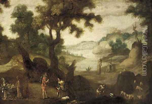 A landscape with monks, travellers, a fruit seller and a shepherd and his flock Oil Painting - Ignacio de Iriarte