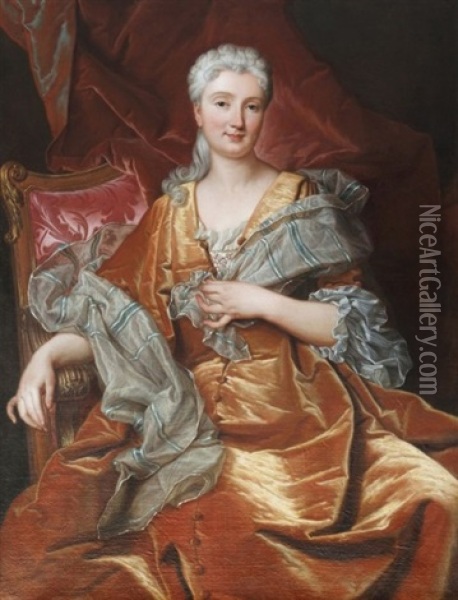 Portrait De Femme A La Robe Orange Oil Painting - Hyacinthe Rigaud