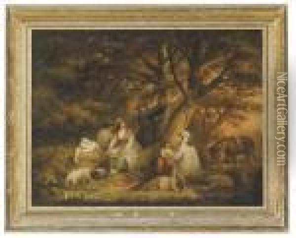 Figures Gathered In A Woodland Clearing Oil Painting - George Morland