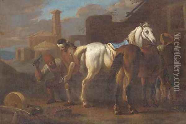 Farriers working on a horse in a village Oil Painting - Pieter van Bloemen