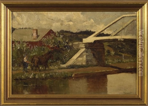 Landscape With Barn, Bridge And Man Driving A Team Of Horses Oil Painting - George Willoughby Maynard