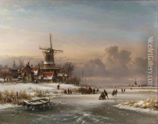A Winter Landscape With Figures On A Frozen River By Awindmill Oil Painting - Lodewijk Johannes Kleijn