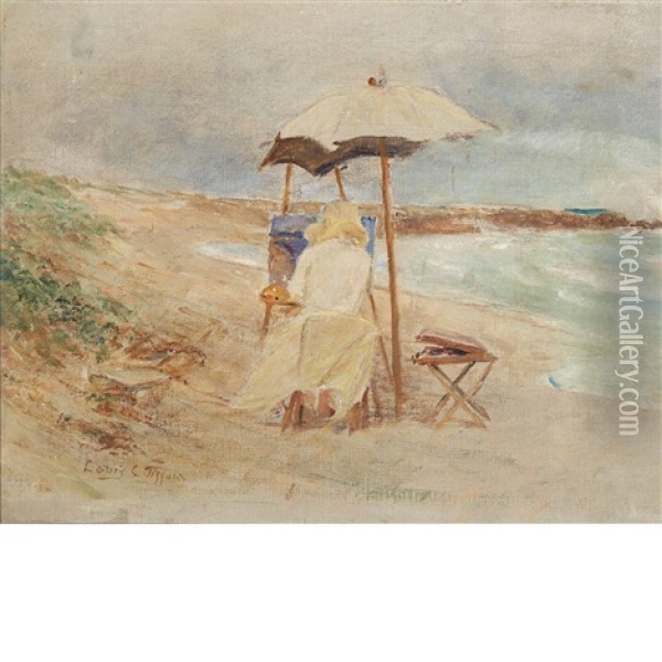 Sarah Painting On The Beach Oil Painting - Louis Comfort Tiffany