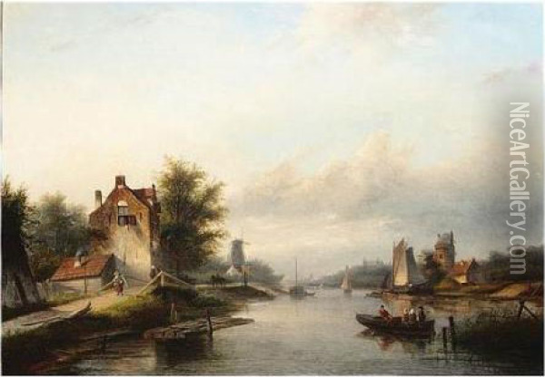Coenrad , Canal Scene In Holland, Signed, Oil On Canvas, 65 X 93 Cm.; 25 1/2 X 36 1/2 In Oil Painting - Jan Jacob Coenraad Spohler