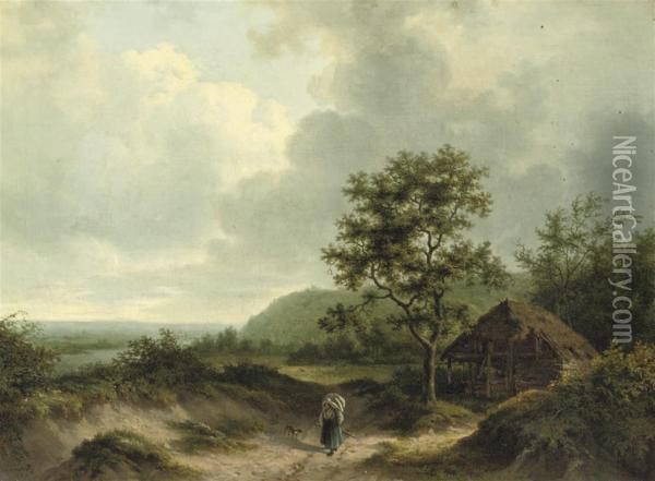 A Peasant On A Sandy Path Oil Painting - Alexander Joseph Daiwaille