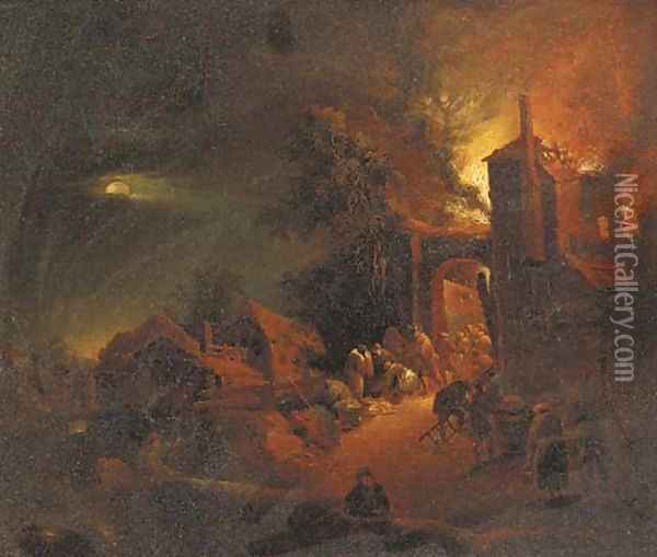 A house on fire at night Oil Painting - Egbert Van Der Poell
