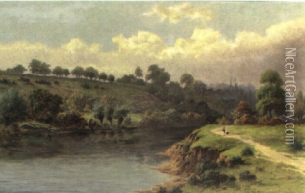 Stroll Along The Riverbank Oil Painting - William Henry Mander