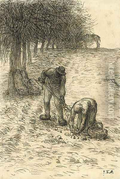 Peasants digging for potatoes, a donkey seen beyond Oil Painting - Jean-Francois Millet