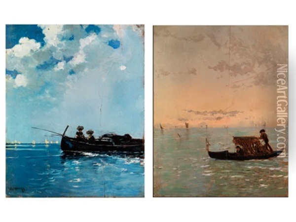 Gondel In Venezianischer Lagune (+ Boot Mit Zwei Damen; Pair) Oil Painting - Riccardo Pellegrini
