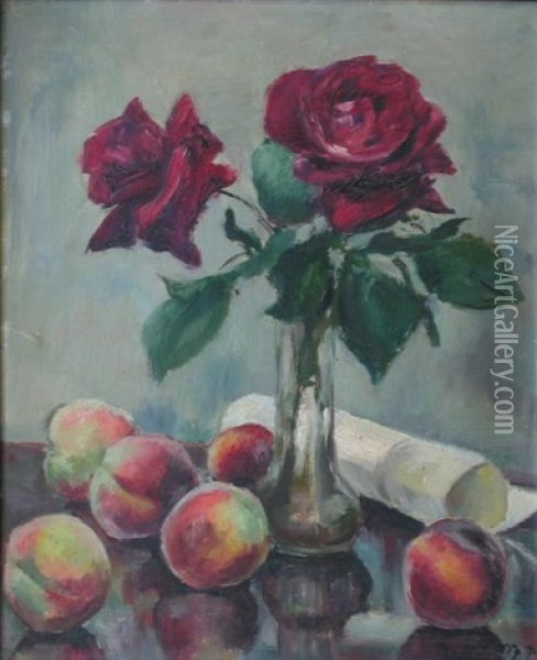 Nature Morte Aux Peches Et Roses Oil Painting - Romain Jarosz