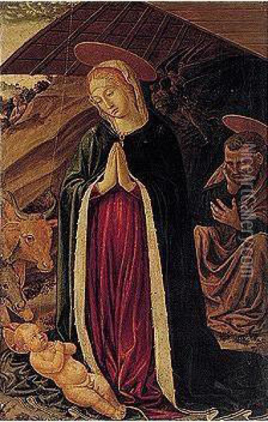 Madonna Adoring The Christ Child, With Saint Joseph Oil Painting - Alesso Di Benozzo