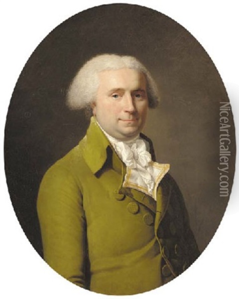 Portrait Of A Gentleman In A Double Breasted Green Coat, A Gold And White Wasitcoat, And A Goffered White Shirt And Cravat Oil Painting - Marie Gabrielle Capet