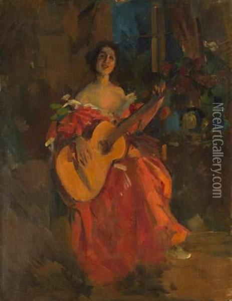 Lady With A Guitar Oil Painting - Konstantin Alexeievitch Korovin