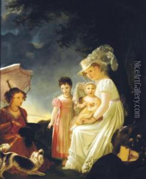 Ladies With Children And Dog Resting Under A Tree Oil Painting - Marguerite Gerard