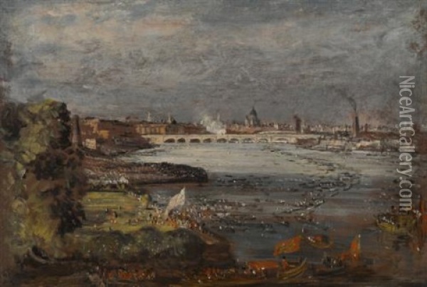 The Opening Of Waterloo Bridge, Seen From Whitehall Stairs, London, 18 June 1817 Oil Painting - John Constable