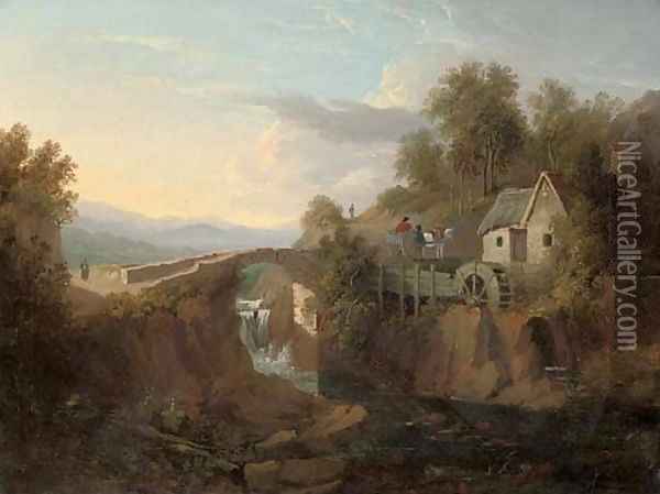 A wooded hilly river landscape with a watermill, and figures and a horse and cart beyond Oil Painting - John Harrington-Bird
