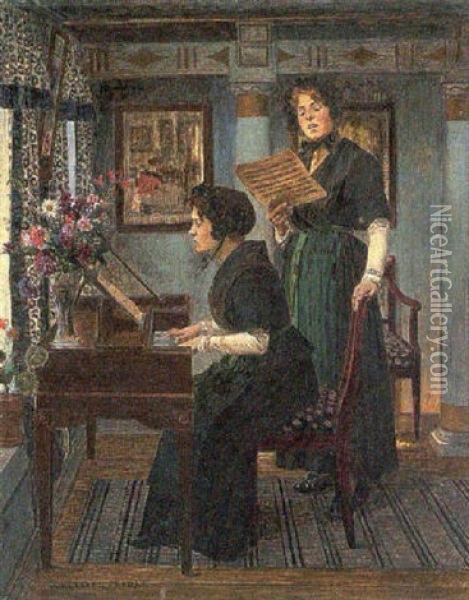 Zwei Musizierende Damen Im Salon Oil Painting - Walter Firle