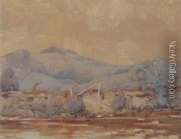 River With Mountains Beyond Oil Painting - Harold Brocklebank Herbert