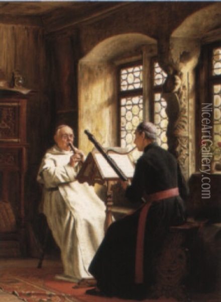 Monks Playing A Duet Oil Painting - Thure Nikolaus Cederstrom