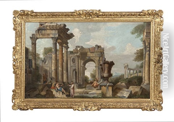 Figures Among Classical Ruins Oil Painting - Giovanni Paolo Panini