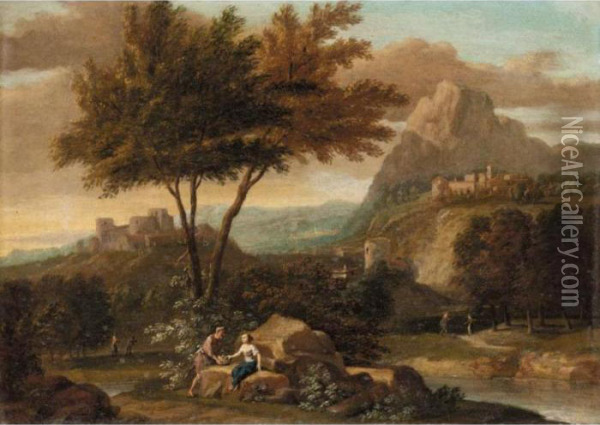 An Italianate River Landscape With A Man And A Woman Conversing In The Foreground. Oil Painting - Aelbert Meyeringh