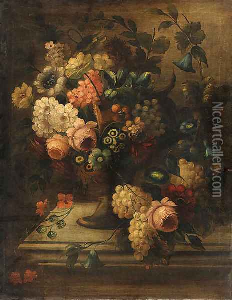 Flowers in a Vase and Grapes on a stone Plinth Oil Painting - French School