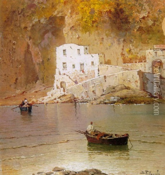 A Mediterranean Coastal Scene With A Figure In A Boat In The Foreground Oil Painting - Salvatore Petruolo