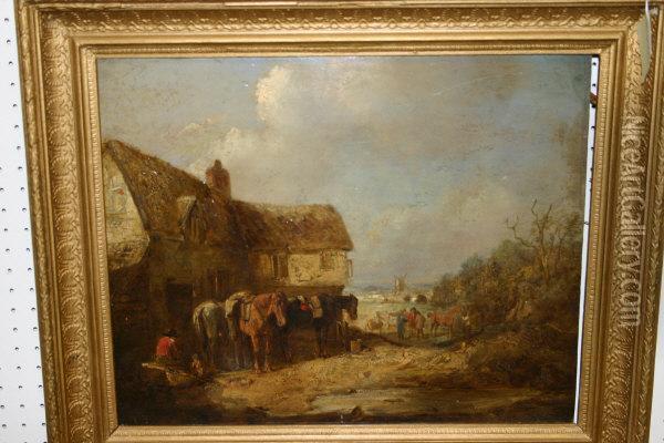Thatched Building With Horses 
And Figures, A Windmill In The Background, A Figure Seated With Begging 
Dog In Foreground Oil Painting - Thomas Smythe