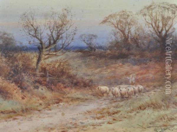 Shepherd And Sheep On A Country Lane Oil Painting - Henry Charles Fox
