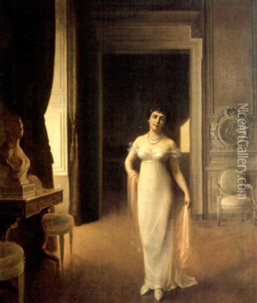 Portrait En Pied De Madame William G. Au Chateau De La Motte Oil Painting - Henri Rondel