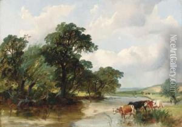 Cattle Watering In A Wooded River Landscape Oil Painting - Henry Jutsum