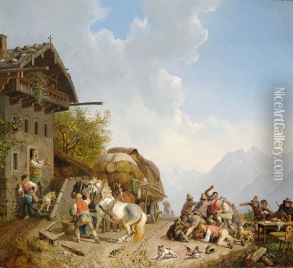 Rauferei Vor Einem Wirtshaus Oil Painting - Heinrich Buerkel