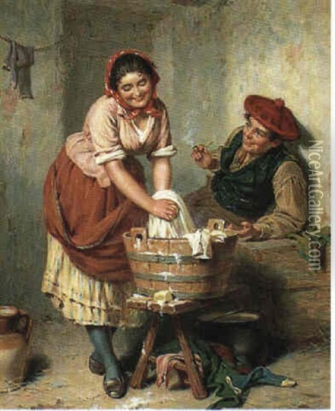 Et Kaerestepar, En Ung Mand Betragter En Ung Pige, Der      Vasker Toj Oil Painting - Edwin Thomas Roberts