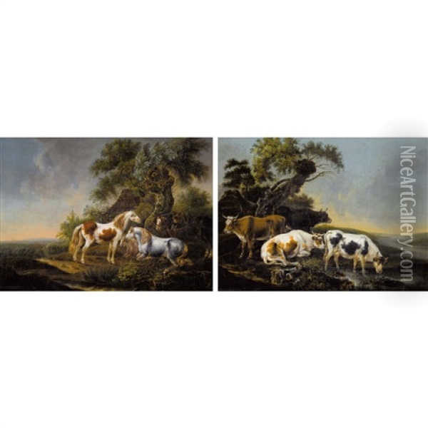 Paar Landschaften Mit Kuhen An Der Tranke Und Mit Pferden Oil Painting - Johann Jakob Schalch