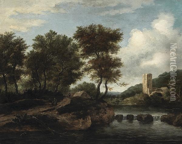 A River Landscape With Figures On A Path Oil Painting - Jacob Van Ruisdael