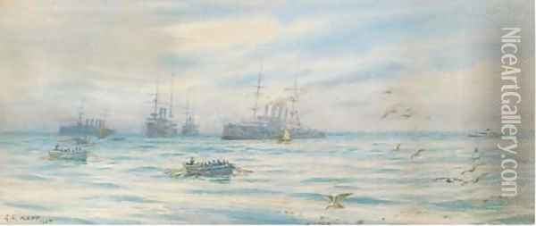 A cruiser squadron offshore with boat crews heading for the beach Oil Painting - George Cochrane Kerr