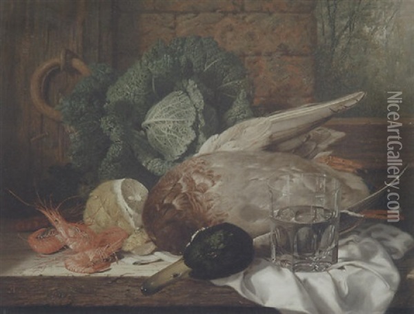 Still Life With A Duck, Shrimps And A Glass Oil Painting - Edward Ladell